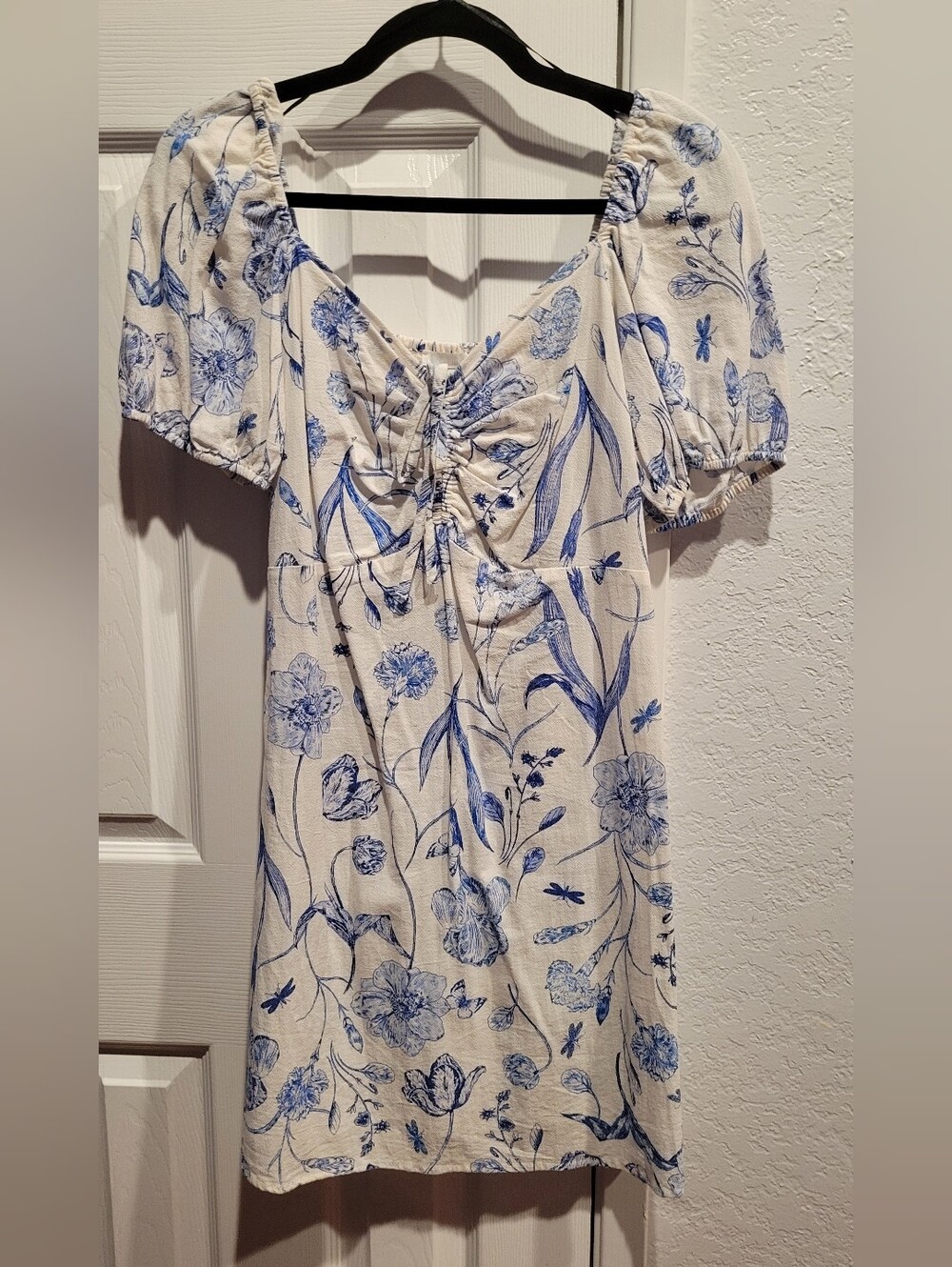 H&M White Mini Dress with Blue Floral Print
